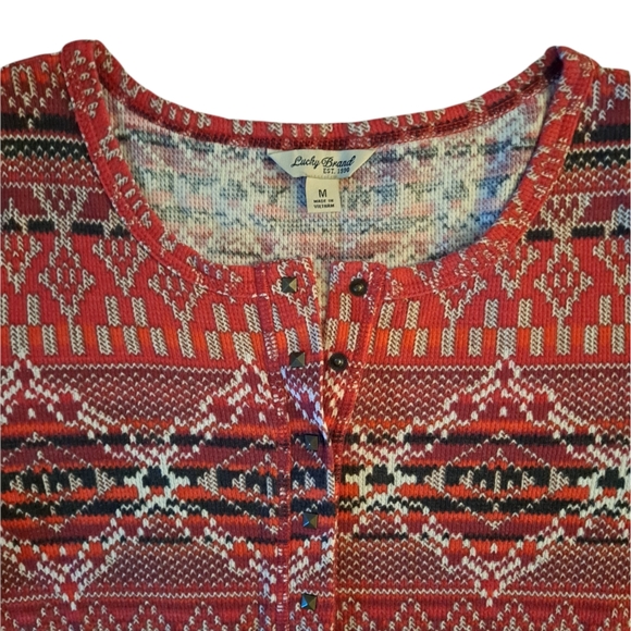 Lucky Brand Geometric Print Curved Hem Crew Neck Long Sleeve Thermal Top - Picture 2 of 2
